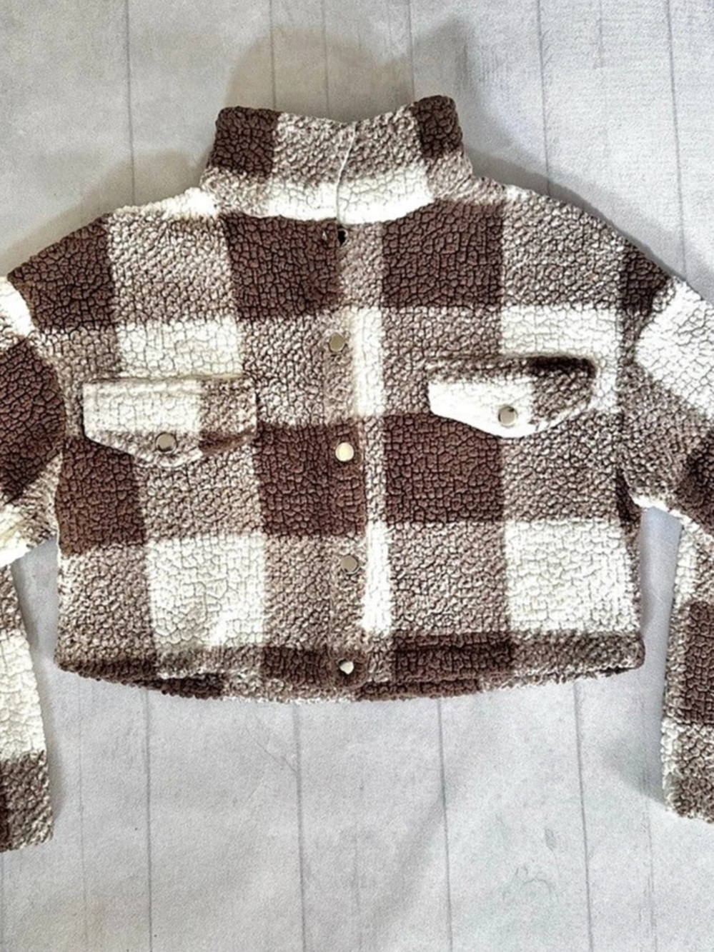 SHEIN Checkered Teddy Jacket in Brown & White Size Medium